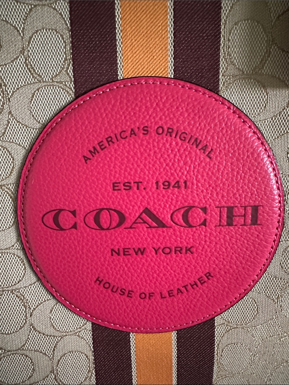 Coach Beige Signature Canvas Tote with Pink Patch and Orange Trim - Picture 4 of 12